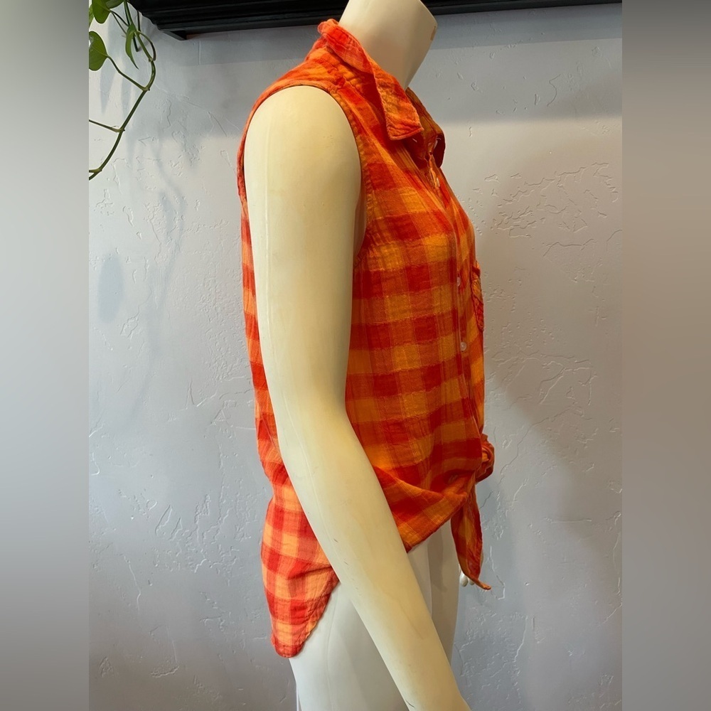 New C&C California muslin cotton Orange checkered button up Tie-Front Tank S